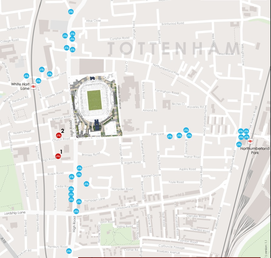 Bicycle parking lots near the Tottenham Hotspur stadium